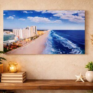 Metal Wall Art – Coastal Beachfront Skyline Print, Ocean & Hotels